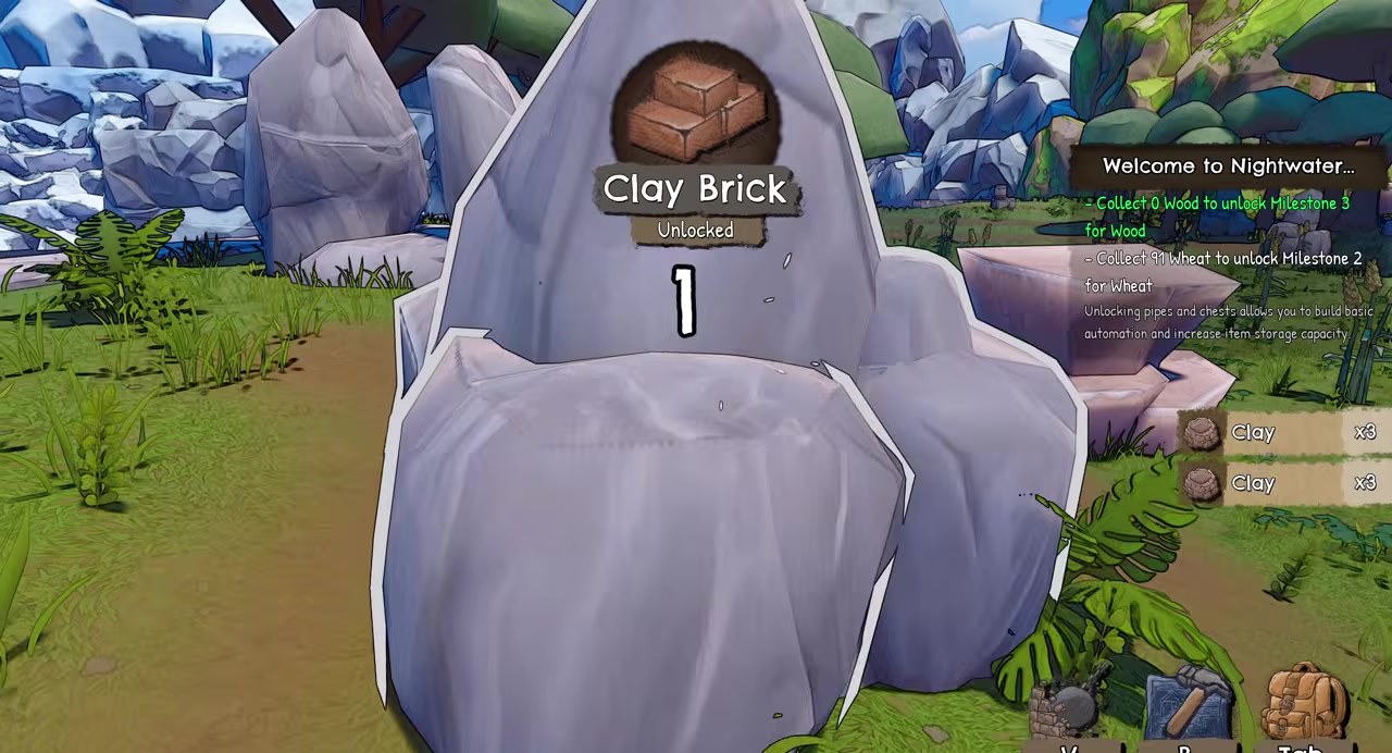 Clay Brick Unlocked popup with Clay pickup feed and Wheat milestone objectives