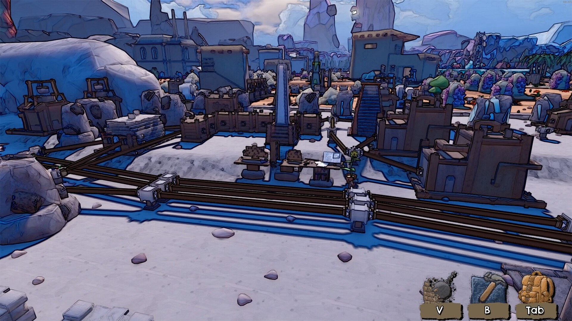 Factory layout with pipe network linking buildings across open ground
