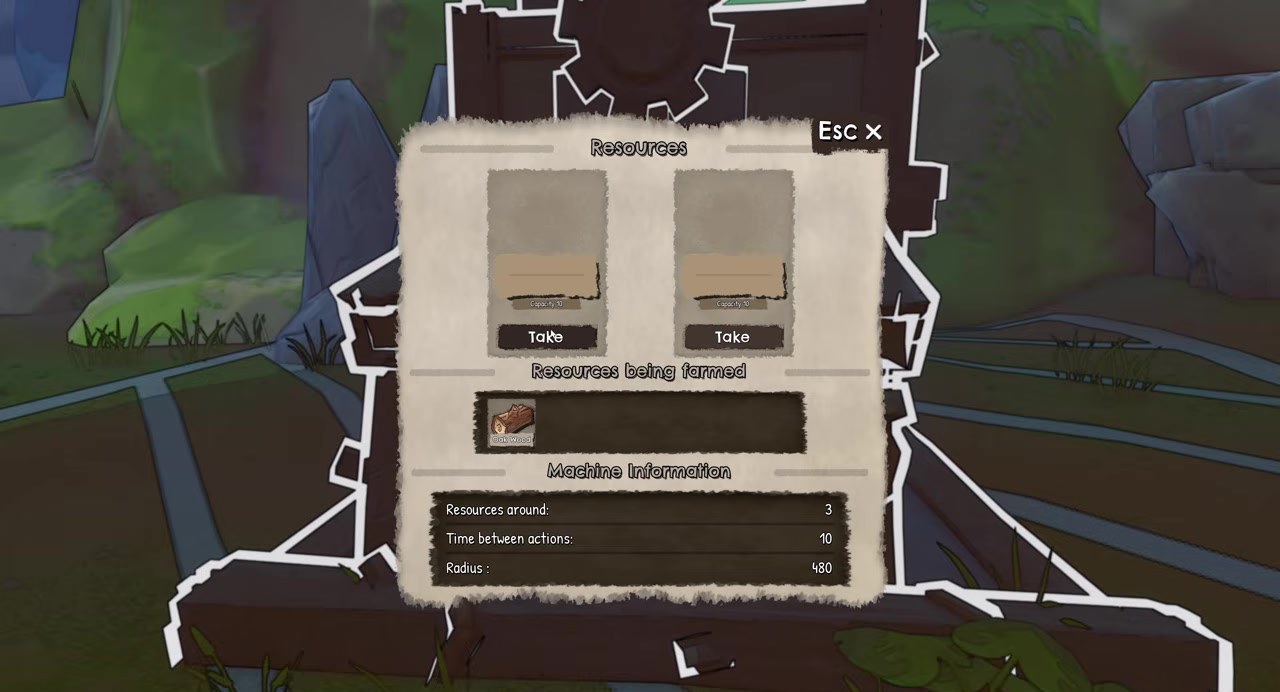 Harvester Resources panel farming Oak Wood with capacity and radius stats