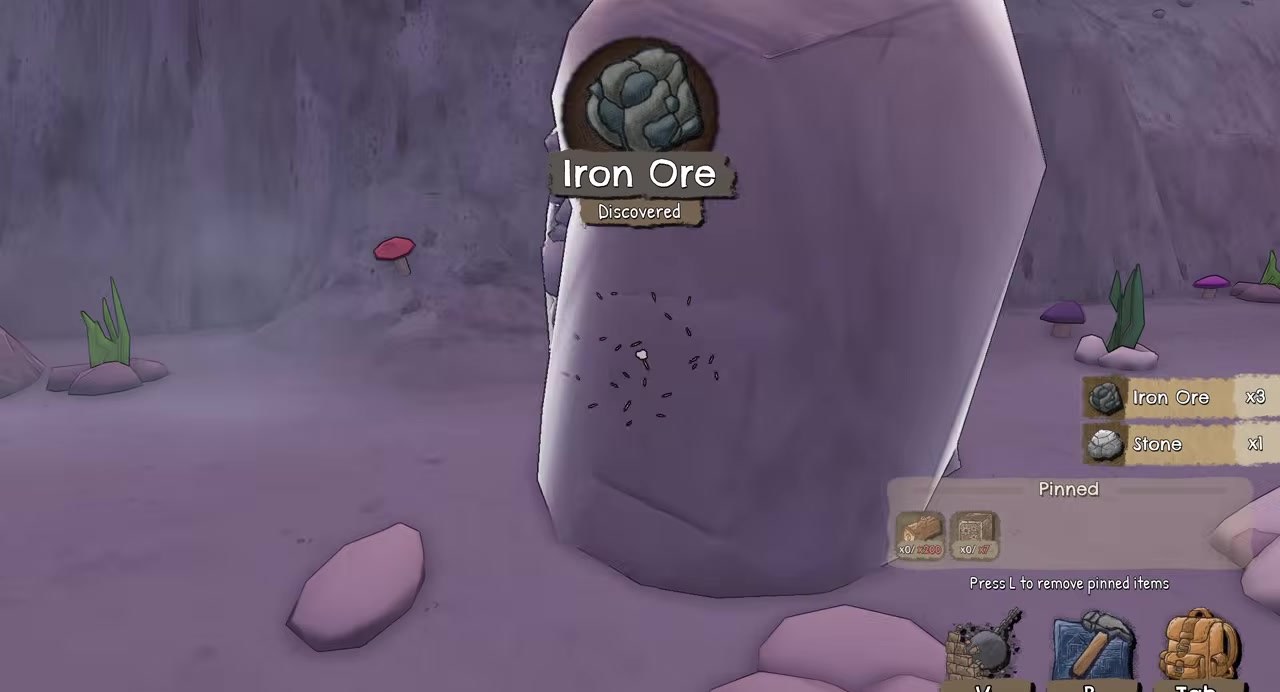 Iron Ore Discovered popup on a mountain resource node