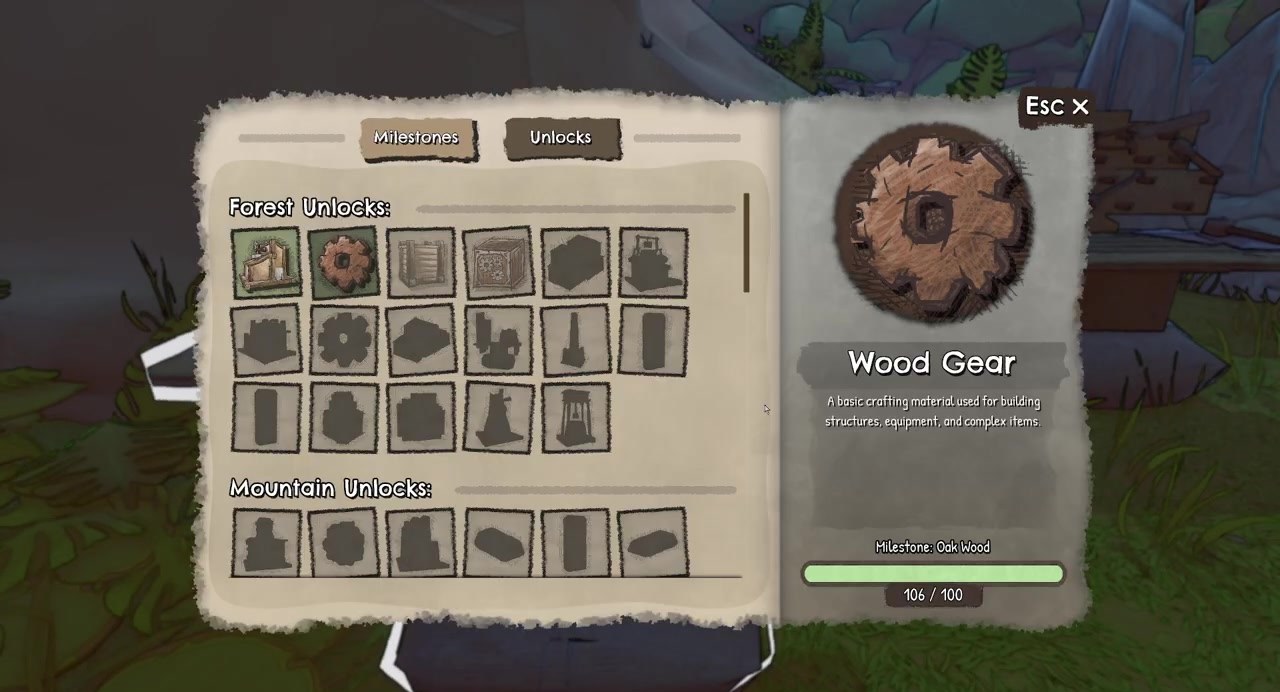 Milestones book showing Forest Unlocks, Mountain Unlocks, and Wood Gear