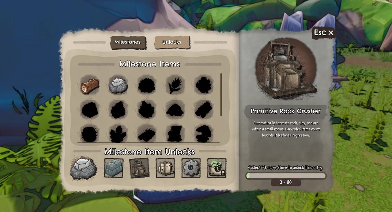 Unlocks panel for Primitive Rock Crusher on the Stone milestone track