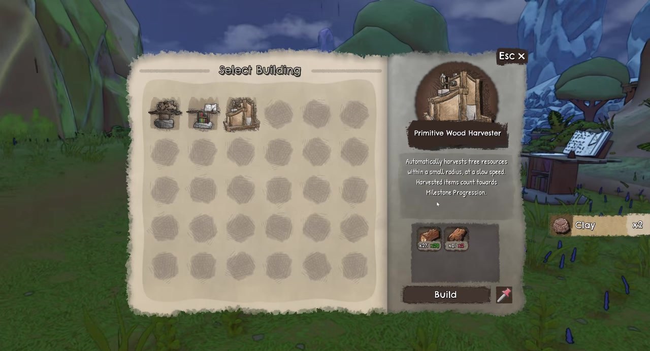 Select Building: Primitive Wood Harvester description and build cost