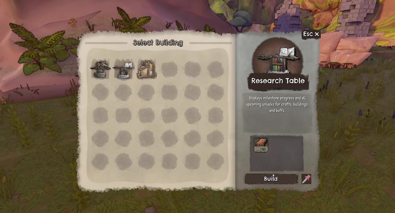 Select Building panel for Research Table
