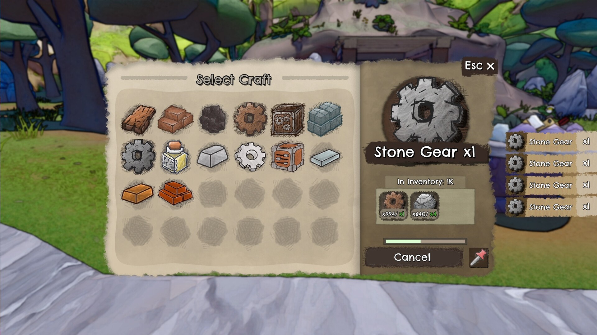 Select Craft menu showing Stone Gear recipe from Wood Gear and Stones